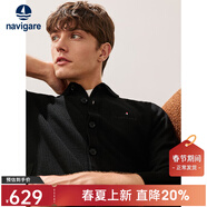 Navigare意大利小帆船男士翻領(lǐng)羊毛衫秋冬通勤純羊毛開(kāi)衫凈色針織衫外套男 暗夜黑 M 碼