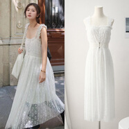 [現貨](méi)韓國Ins時(shí)尚博主法式時(shí)尚蕾絲連衣裙新款小眾網(wǎng)紗吊帶裙女 連衣裙 S