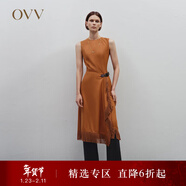OVV秋冬熱賣(mài)女裝不規則流蘇下擺裝飾皮扣復古無(wú)袖連衣裙 焦糖（凈色）A3 L