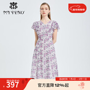 MY TENO春夏紫色V領(lǐng)荷葉邊袖口層次感印花中長(cháng)款連衣裙 紫色 M