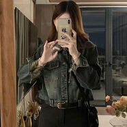 俞兆林（YUZHAOLIN）腰帶設計短款外搭牛仔外套女春秋新款網(wǎng)紅時(shí)尚高街廢土風(fēng)夾克上衣 復古短外套 (送腰帶) M 建議98-112斤