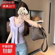 【棉質(zhì)親膚】韓系正肩短袖T恤女夏季設計感小眾系帶短款披肩上衣 紫色【優(yōu)質(zhì)款】 M 90-105斤