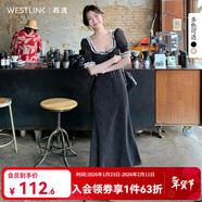 西遇法式泡泡袖連衣裙女2025年夏季新款蕾絲花邊修身收腰網(wǎng)紗長(cháng)裙 黑色 S (155)