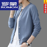 羅蒙（ROMON）25早春秋新款羊毛開(kāi)衫女短款外搭針織衫寬松外穿氣質(zhì)媽媽毛衣外套 藍灰 【不易起球】 L 110-120斤