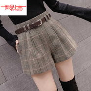 恒源祥2025秋冬裝新款格子高腰短褲女毛呢時(shí)尚配腰帶百搭外穿顯瘦靴褲子 卡其色今年流行的輕奢品牌 M 95斤-105斤