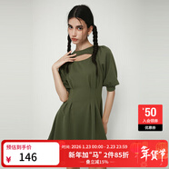 moussy新品Y2K甜美泡泡袖鏤空收腰連衣裙女030GSI83-2070 卡其色150 S