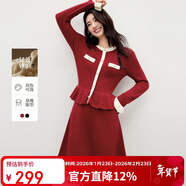 秋水伊人撞色圓領(lǐng)裙子2025年冬季新年戰袍女氣質(zhì)優(yōu)雅袖口荷葉邊紅色連衣裙