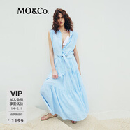 MO&Co.連衣裙高腰綁帶苧麻棉翻領(lǐng)立體寬肩襯衫長(cháng)裙藍白條紋航海系 藍白條色 M 165