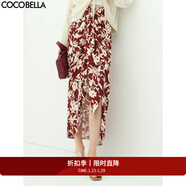 COCOBELLA設計感飄帶高腰印花半身裙女夏遮胯長(cháng)裙HS93 酒紅半身裙 XL