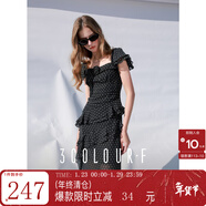 三彩獨醒2025秋款波點(diǎn)雪紡連衣裙法式方領(lǐng)飛飛袖修身長(cháng)裙F 經(jīng)典黑 M 160/84A