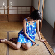桑羅（SANGLUO）藍白格紋真絲睡裙女100%桑蠶絲復古氣質(zhì)雙面可穿短裙外穿家居服 礦石藍格子印花/L M