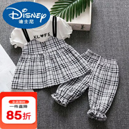 迪士尼（Disney）女寶寶夏裝一歲嬰兒夏季衣服小兒童短袖兩件套短褲洋氣女童套裝夏 黑色 Jsbb格子裙吊帶 90 cm (1-2歲)