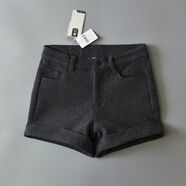 春秋羊毛呢子高腰短褲女卷邊休閑外穿靴褲韓版顯瘦潮修身簡(jiǎn)約 黑灰 L L4碼100-110