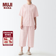 MUJI女式 無(wú)側縫泡泡紗短袖睡衣女士家居服套裝夏季純棉全棉 FDB04C2S 粉紅色×圖案 XL