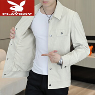 花花公子感外套男式翻領(lǐng)春秋季新款青年韓版潮流休閑男士夾克男裝 A443 米白色 M 【約 90-110斤】