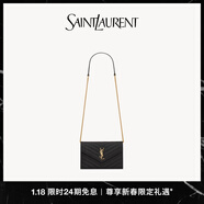 YSL圣羅蘭 女士CASSANDRE ENVELOPE粒面皮革鏈條錢(qián)包 黑色金鏈 U