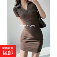 歐美風(fēng)純色V領(lǐng)短袖連衣裙女夏辣妹性感翻領(lǐng)微胖緊身包臀短裙 棕色 S