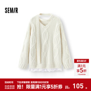 森馬（Semir）毛衣女冬圍巾蕾絲V領(lǐng)絞花寬松2025新款慵懶優(yōu)雅小性感套頭衫 白色調00311 XL