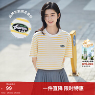 茵曼（INMAN）條紋圓領(lǐng)T恤女夏季新款套頭休閑寬松顯瘦純棉短袖上衣 黃條 S