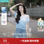 茵曼丁達爾漸變色圓領(lǐng)針織衫短袖T恤女裝2026年夏季新款上衣 藍白條 L