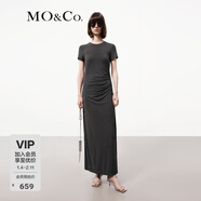MO&Co.連衣裙春夏彈力莫代爾精裁短袖正肩捏褶收腰設計感長(cháng)裙摩安珂 深花灰色 S 160