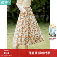 茵曼（INMAN）2025春秋女新款田園復古印花彈力松緊腰遮肉A字半身裙18314120 黃綠色 S