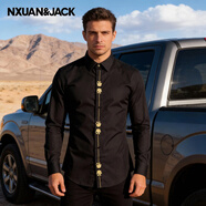 南玄杰克（NXUAN·JACK）高端刺繡襯衫男長(cháng)袖男裝袖口休閑襯衣門(mén)襟玫瑰花立體繡花男士上衣 XG-黑色 常規 4XL (48)