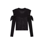 WZFS24004早春日系新品甜美純色性感荷葉袖露肩修身針織毛衣上衣 黑色