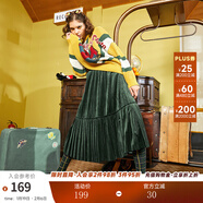 兩三事絲絨半身裙春季女黑色百褶裙裙子復古半裙長(cháng)裙 開(kāi)心自轉體 綠色 厚款 S