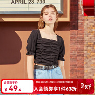 西遇復古方領(lǐng)針織短袖女2025年夏季新款褶皺高腰短款t恤女純色小個(gè)子 黑色(D0300873) L