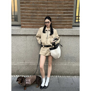 芳履遇【年貨節折扣  01/25 00:00】卡其色修身短款翻領(lǐng)夾克外套 卡其色短裙 M