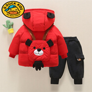 G.duck童裝寶寶嬰兒套裝加絨加厚羽絨棉服男童冬裝棉襖小童保暖冬季棉衣 加絨 背包熊紅+燈芯絨灰色褲 100cm