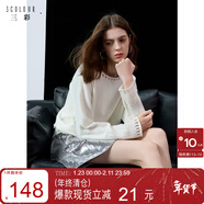 三彩2025春季新款慵懶風(fēng)寬松鏤空圓領(lǐng)落肩袖毛衣針織衫套頭女