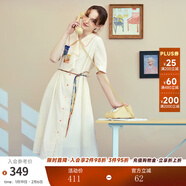 兩三事梵高文藝 美學(xué)漣漪 2025夏季新款印花貼布繡綁帶翻領(lǐng)連衣裙 杏色 M