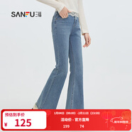 三福牛仔長(cháng)褲2025秋季毛邊設計復古喇叭褲褲子女裝496222 牛仔淺藍 25