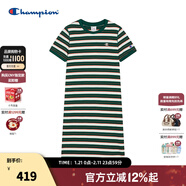 Champion冠軍連衣裙女2026春季條紋針織及膝撞色短裙休閑學(xué)院風(fēng)潮 深綠色條紋 L