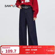 三福牛仔長(cháng)褲2025秋季格子拼接大闊腿長(cháng)褲褲子女裝496218 普洗藍 25