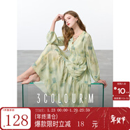 三彩2025秋款暈染印花連衣裙V領(lǐng)系帶寬松A字裙長(cháng)裙浪漫M 綠米花卉 L 165/88A