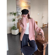 念琢2025秋冬新款慵懶風(fēng)樹(shù)皮紋時(shí)尚百搭寬松中長(cháng)款泡泡袖針織衫外套 粉色 均碼 （75-130斤