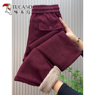 啄木鳥(niǎo)冬季新款加絨加厚羊羔絨寬松高腰休閑褲休閑保暖束腳哈倫褲小個(gè)子 酒紅色 4XL 150-165斤