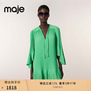 Maje2025春夏女裝法式時(shí)尚綠色小V領(lǐng)荷葉邊短款長(cháng)袖百褶連衣裙 綠色 S