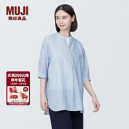MUJI 女式 木棉混雙層紗織五分袖束腰長(cháng)上衣內搭罩衫襯衫BC2J1C4S 藍色條紋 M(160/84A)