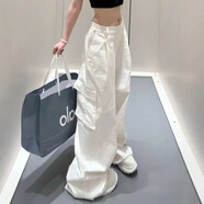 ALO YOGA【現貨】alo口袋工裝褲反光字母直筒寬松闊腿褲高腰顯瘦拖地長(cháng)褲 白色 S