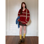 ADTNM圣誕風(fēng)冬季韓國少女系氣質(zhì)甜美保暖拼色圖騰提花V領(lǐng)麻花厚毛衣女 紅色 XL