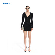 NAWS【精選7折】烏斯沙漏裙 羊毛深V領(lǐng)修身褶皺擺針織連衣裙 曜石黑 S