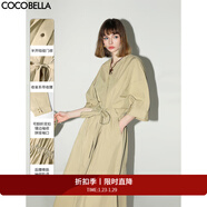 COCOBELLA明線(xiàn)裝飾綁帶連衣裙女春夏純色系蝙蝠袖襯衫裙FR7005 卡其色 M