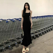 BRCZRO港味復古魚(yú)尾連衣裙甜辣妹無(wú)袖收腰露背吊氣質(zhì)帶連衣裙女夏季純欲 黑色 M