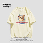 WASSUP WKENG聯(lián)名美式潮牌圓領(lǐng)重磅短袖男女夏季2026新款潮流寬松純棉t半袖恤 杏色 S 成人尺碼