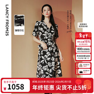 朗姿【王楚然同款】2025年夏季新款連衣裙法式設計感印花黑色裙子 黑色 L