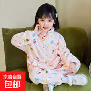 秋冬兒童法蘭絨睡衣加絨加厚寶寶中大童珊瑚絨家居服親子睡衣套裝 甜粉小喵 拉鏈套裝 160 /L碼適合身高【155cm-160cm】 成人碼85斤-100斤